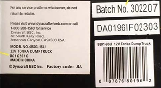 Tonka 12V Mighty Dump Truck model number, date code, batch and serial number